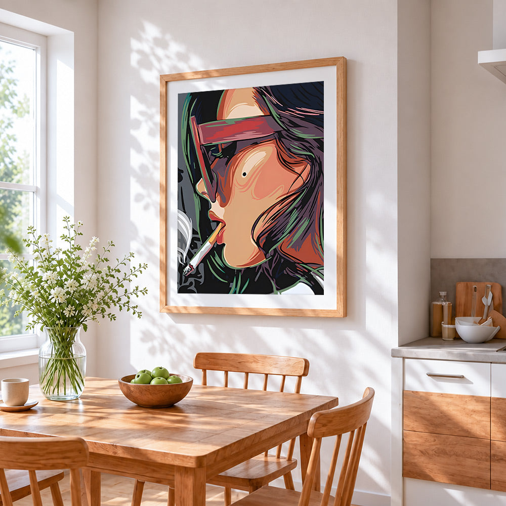 Woman with sunglasses and cigarette cross stitch artwork displayed on wall as home decor