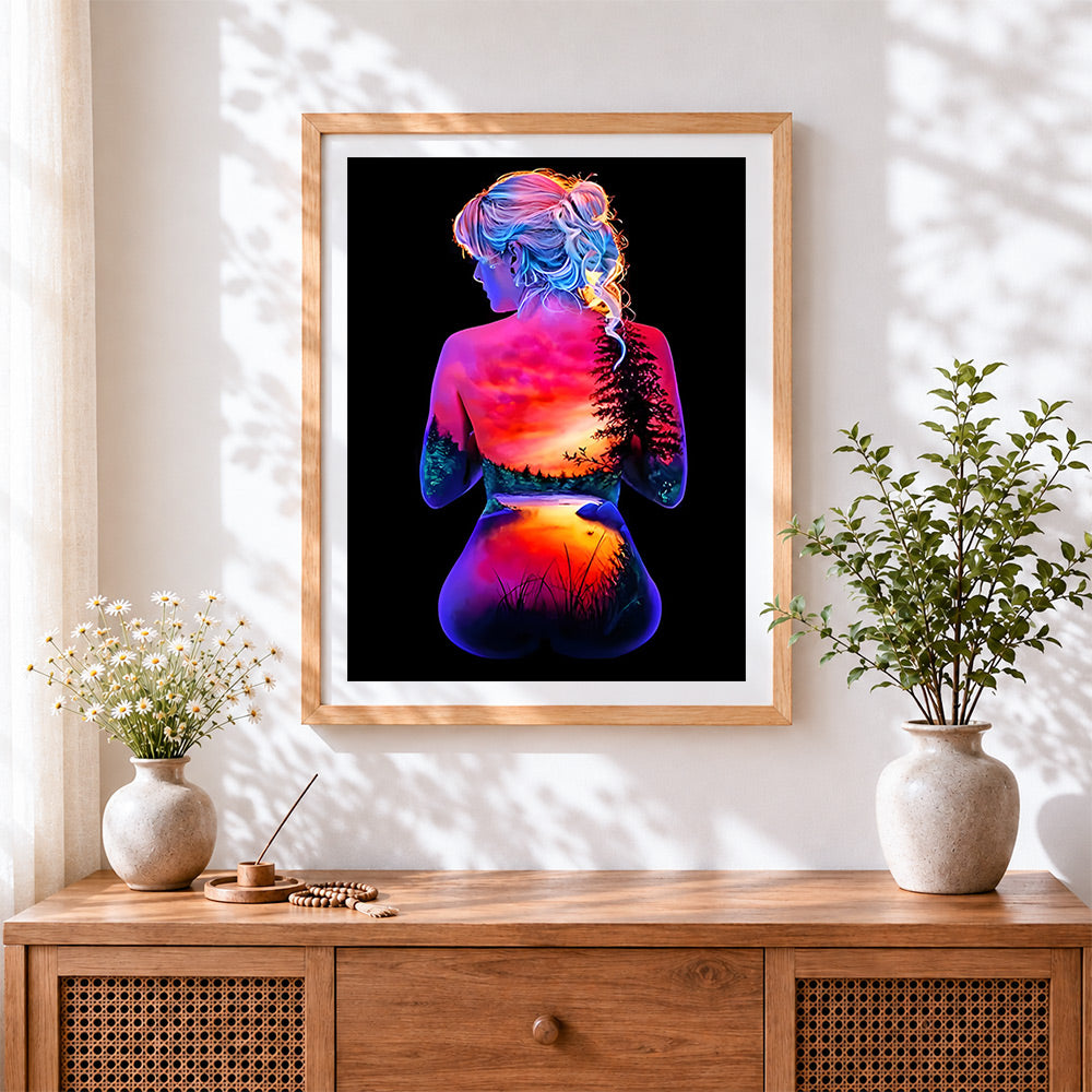 Finished woman with sunset landscape on her back cross stitch artwork displayed