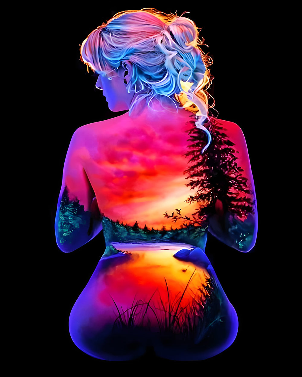 Woman with sunset landscape on her back cross stitch kit for beginners