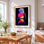Woman with sunset landscape on her back cross stitch artwork displayed on wall as home decor