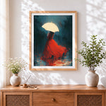 Finished woman with white umbrella in the rain cross stitch artwork displayed