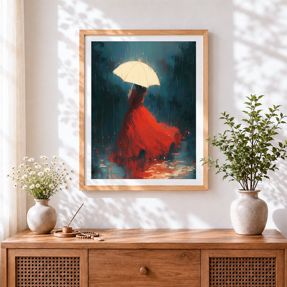 Finished woman with white umbrella in the rain cross stitch artwork displayed