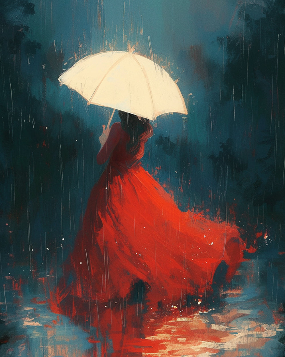 Woman with white umbrella in the rain cross stitch kit for beginners
