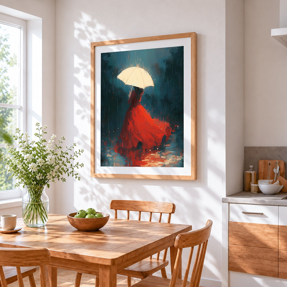 Woman with white umbrella in the rain cross stitch artwork displayed on wall as home decor