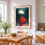Woman with white umbrella in the rain cross stitch artwork displayed on wall as home decor