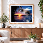 Finished womans eyes and sunset lake paint by numbers artwork displayed as home decor