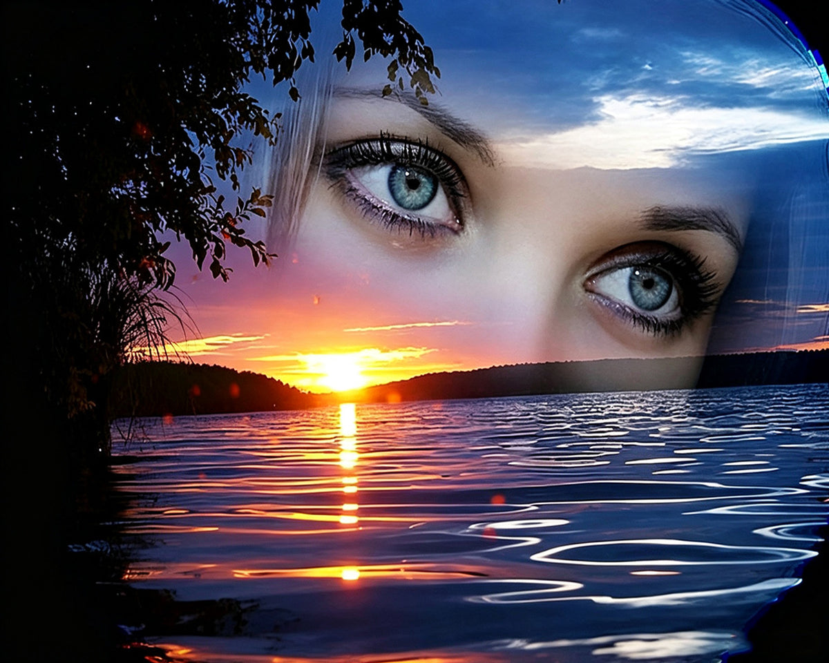 Womans eyes and sunset lake paint by numbers kit for beginners