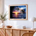 Womans eyes and sunset lake paint by numbers artwork displayed on wall as home decor