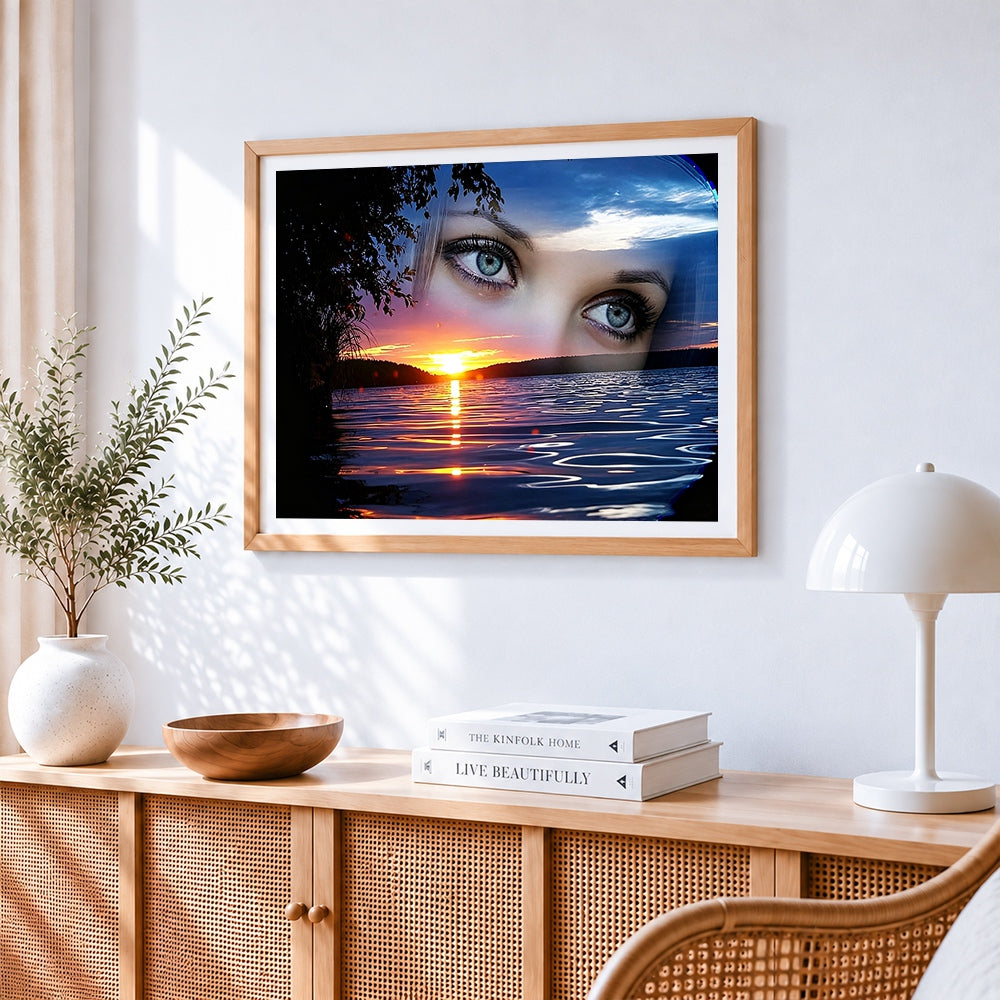 Womans eyes and sunset lake paint by numbers artwork displayed on wall as home decor