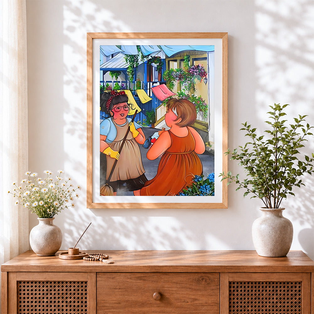 Finished women chatting by washing line cross stitch artwork displayed