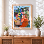 Finished women chatting by washing line cross stitch artwork displayed