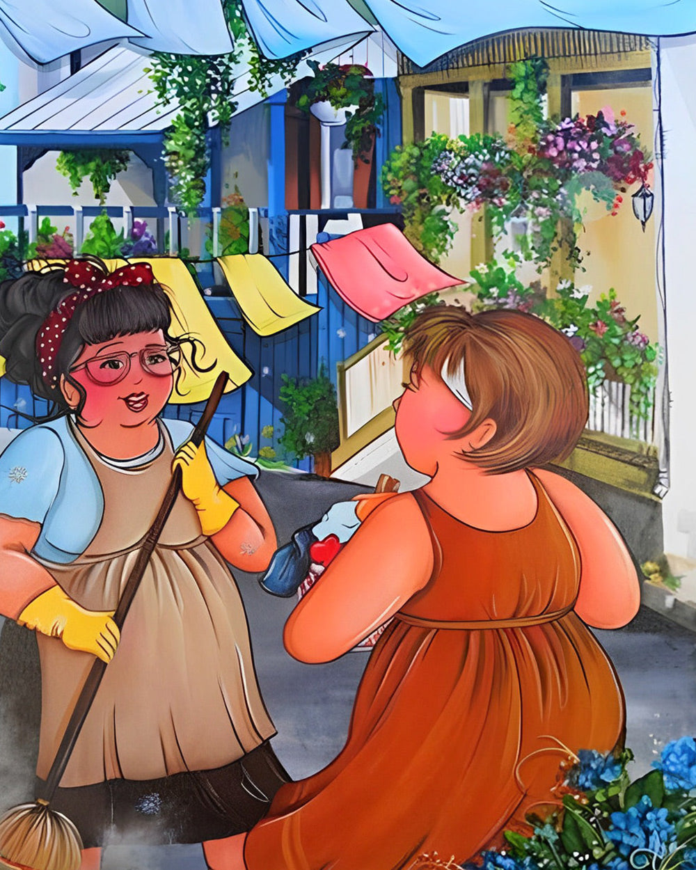 Women chatting by washing line cross stitch kit for beginners