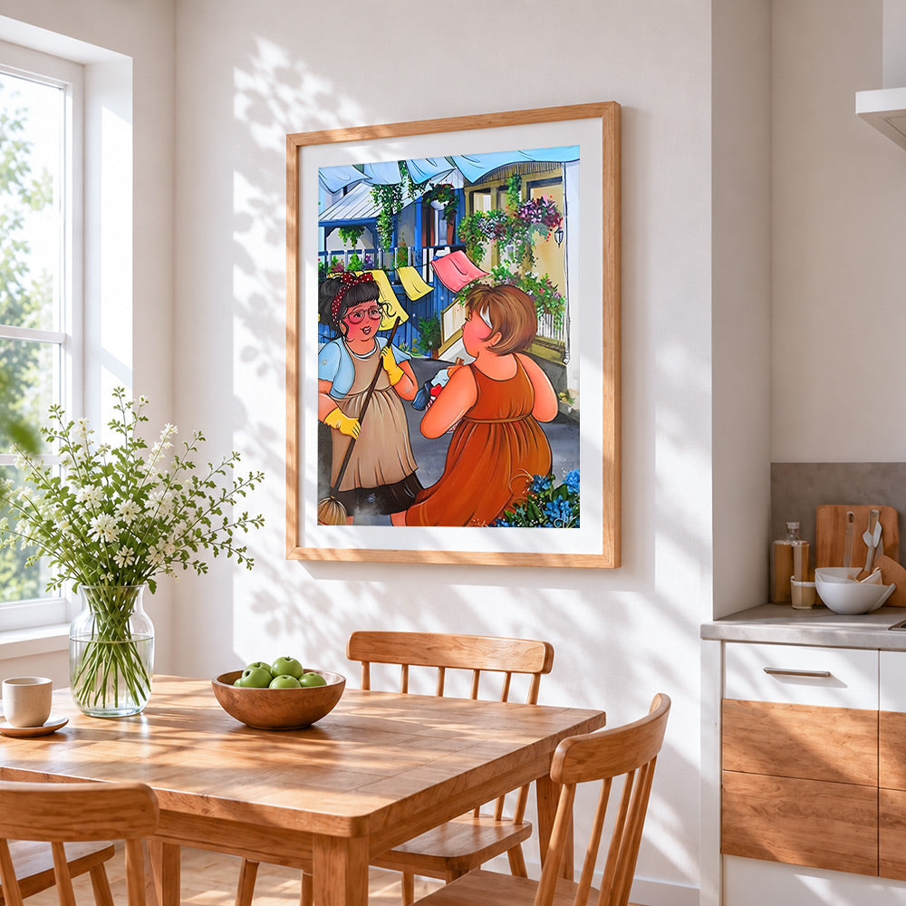 Women chatting by washing line cross stitch artwork displayed on wall as home decor