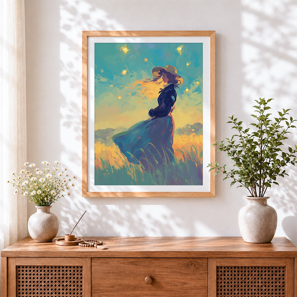 Finished women in blue dress on the golden field cross stitch artwork displayed