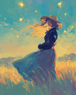 Women in blue dress on the golden field cross stitch kit for beginners