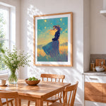 Women in blue dress on the golden field cross stitch artwork displayed on wall as home decor