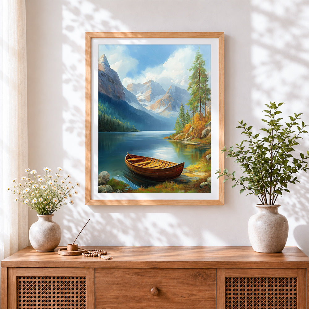Finished wooden boat on a mountain lake cross stitch artwork displayed