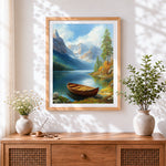 Finished wooden boat on a mountain lake cross stitch artwork displayed