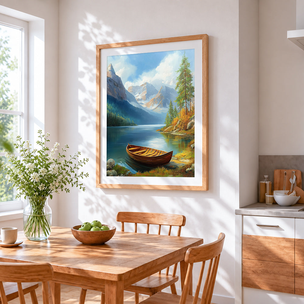 Wooden boat on a mountain lake cross stitch artwork displayed on wall as home decor