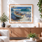 Finished wooden boats and waves paint by numbers artwork displayed as home decor