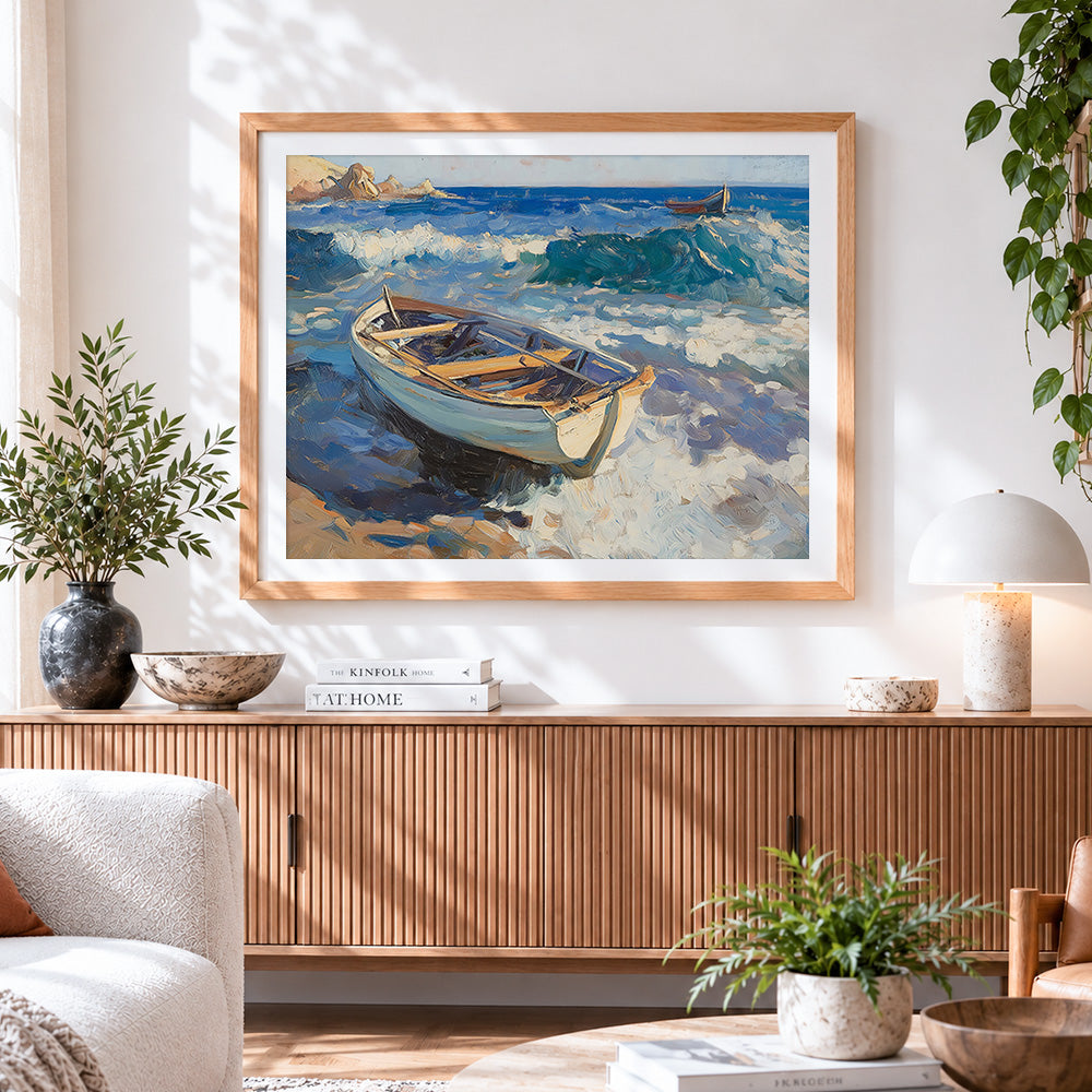 Finished wooden boats and waves paint by numbers artwork displayed as home decor