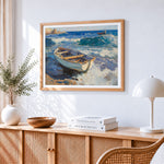 Wooden boats and waves paint by numbers artwork displayed on wall as home decor