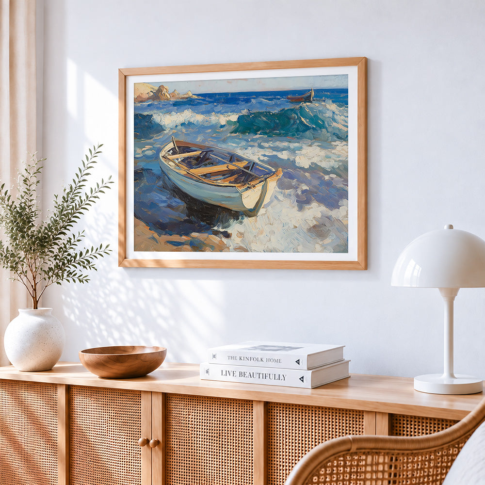 Wooden boats and waves paint by numbers artwork displayed on wall as home decor