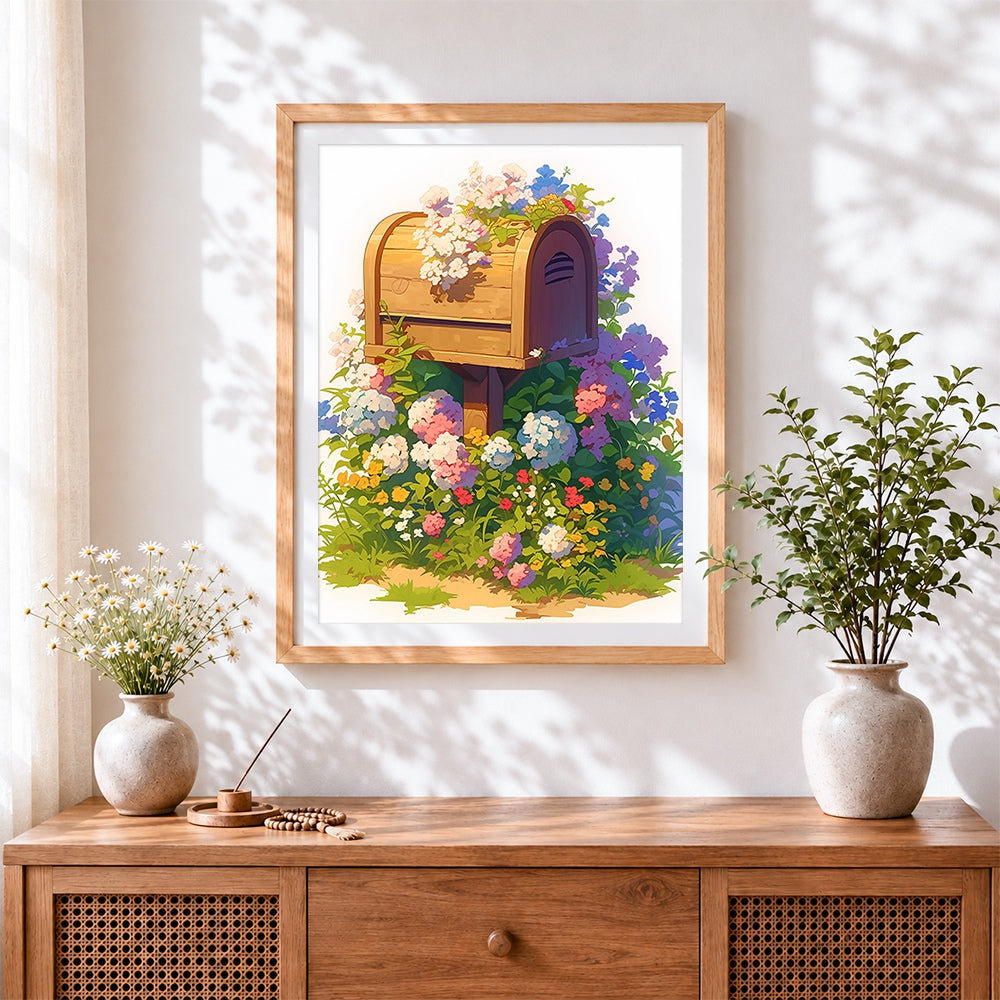 Finished wooden mailbox covered in flowers cross stitch artwork displayed