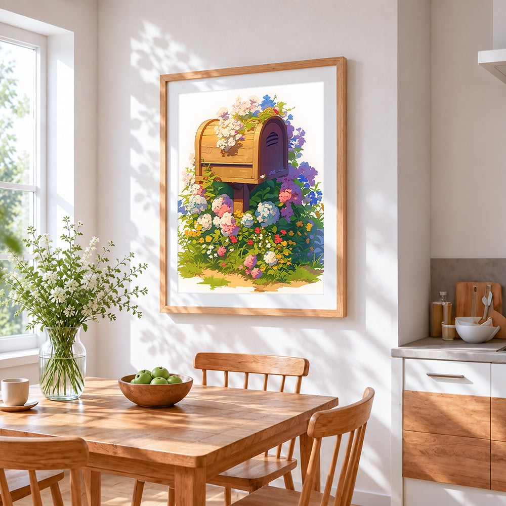 Wooden mailbox covered in flowers cross stitch artwork displayed on wall as home decor