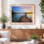 Finished wooden pier and boat in morning mist paint by numbers artwork displayed as home decor