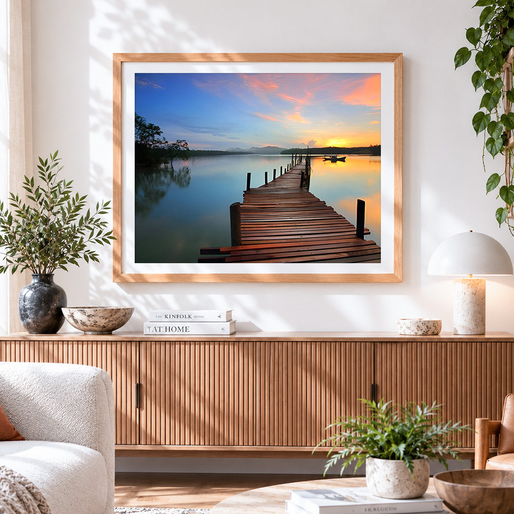 Finished wooden pier and boat in morning mist paint by numbers artwork displayed as home decor