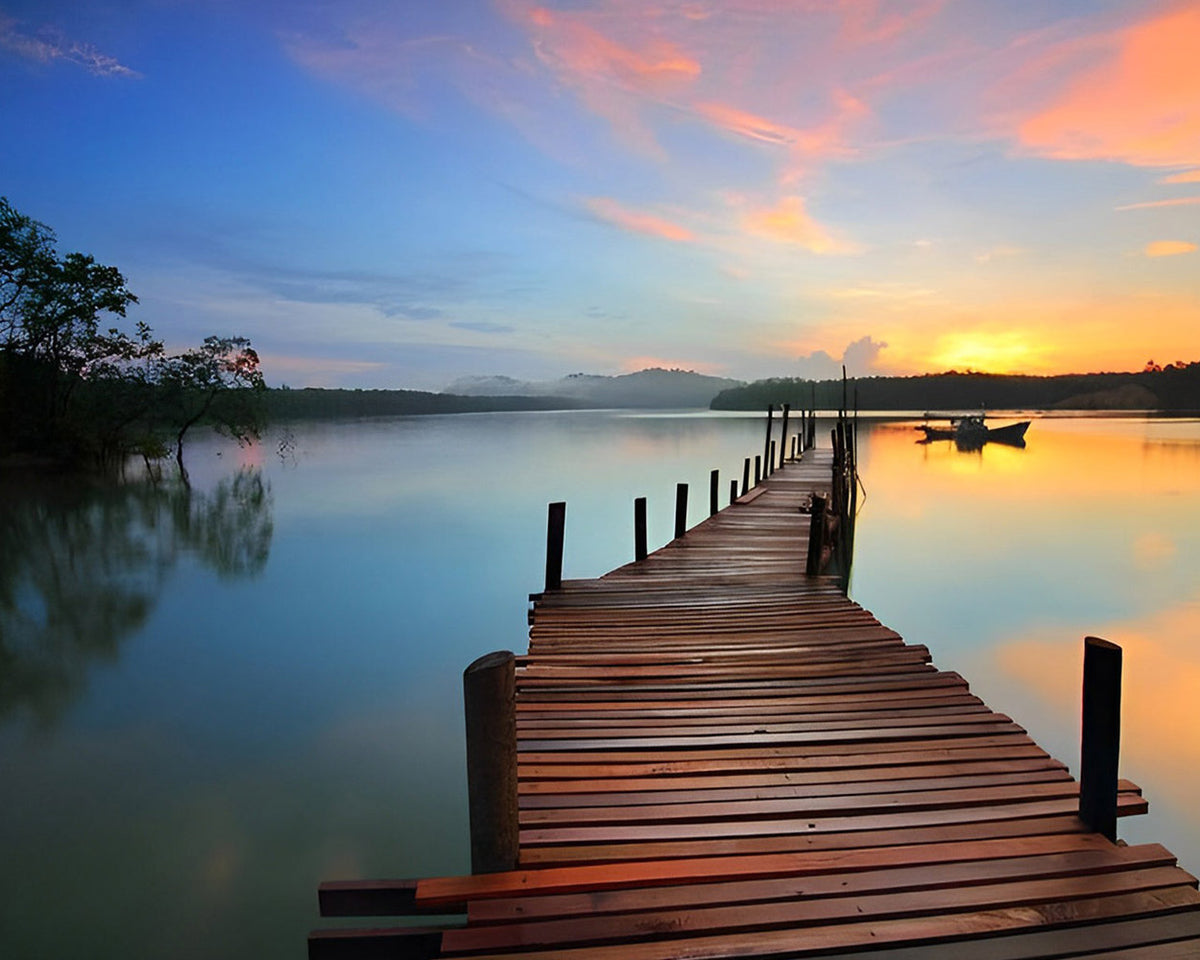 Wooden pier and boat in morning mist paint by numbers kit for beginners