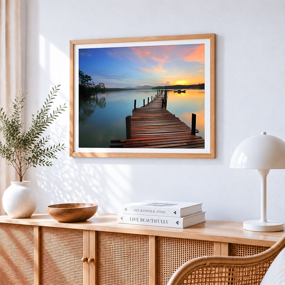 Wooden pier and boat in morning mist paint by numbers artwork displayed on wall as home decor