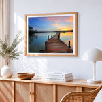 Wooden pier and boat in morning mist paint by numbers artwork displayed on wall as home decor