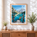 Finished wooden pier and boat on a turquoise lake paint by numbers artwork displayed as home decor