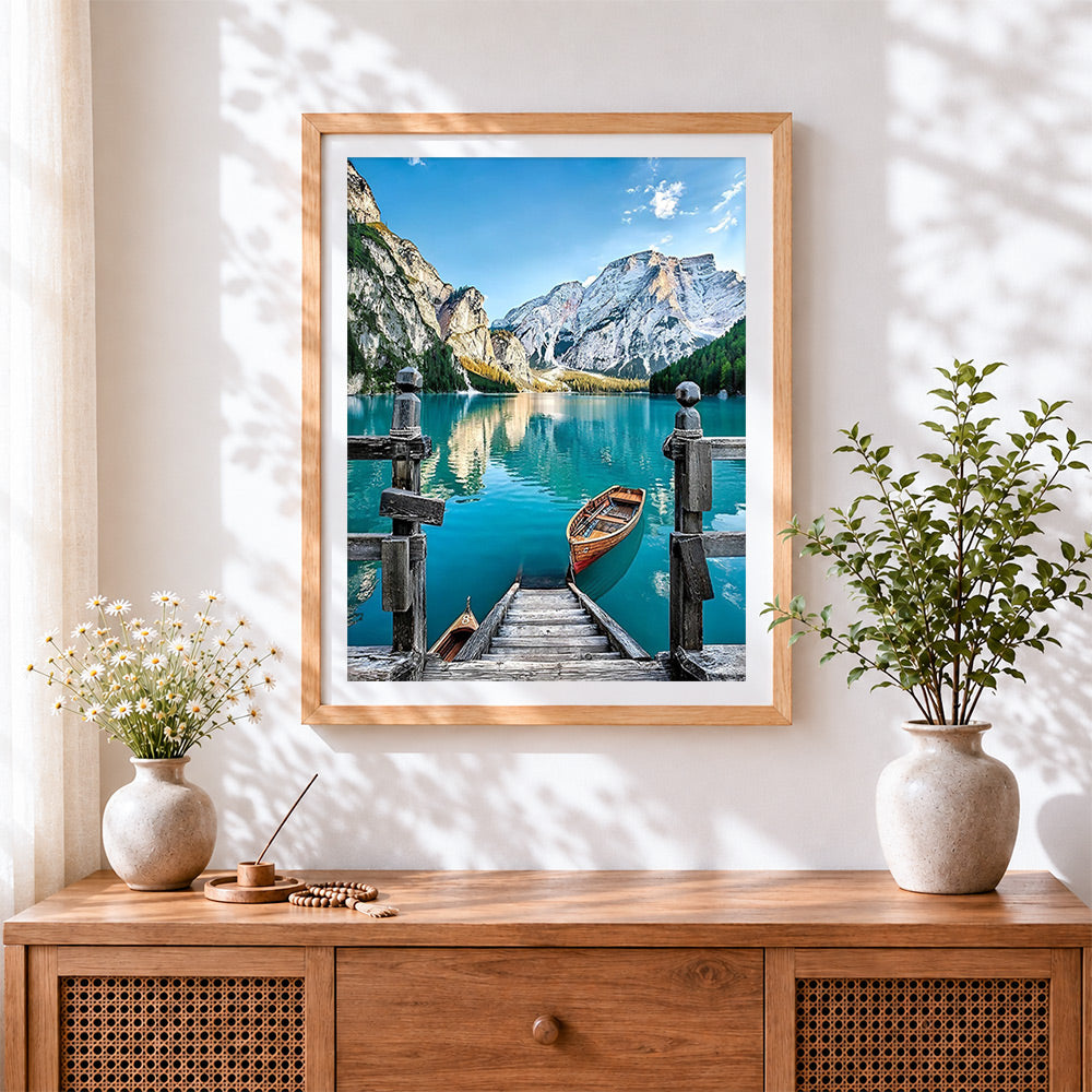 Finished wooden pier and boat on a turquoise lake paint by numbers artwork displayed as home decor