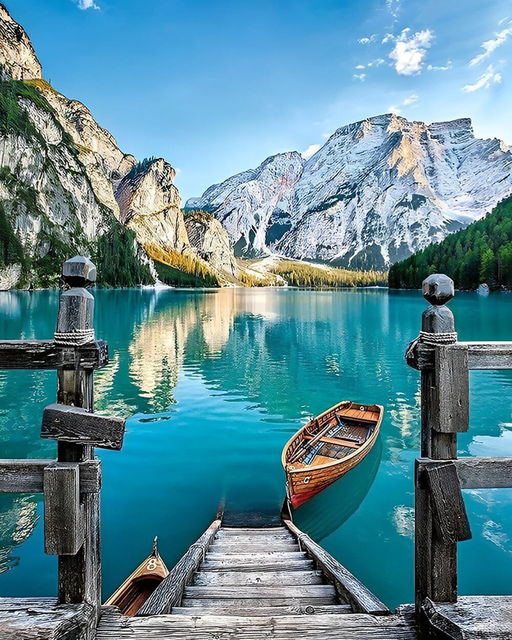 Wooden pier and boat on a turquoise lake paint by numbers kit for beginners
