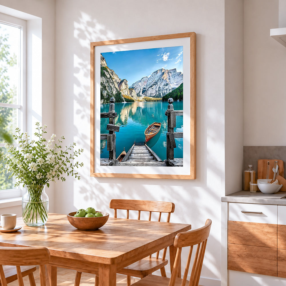 Wooden pier and boat on a turquoise lake paint by numbers artwork displayed on wall as home decor