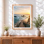Finished wooden steps to the beach at sunset cross stitch artwork displayed