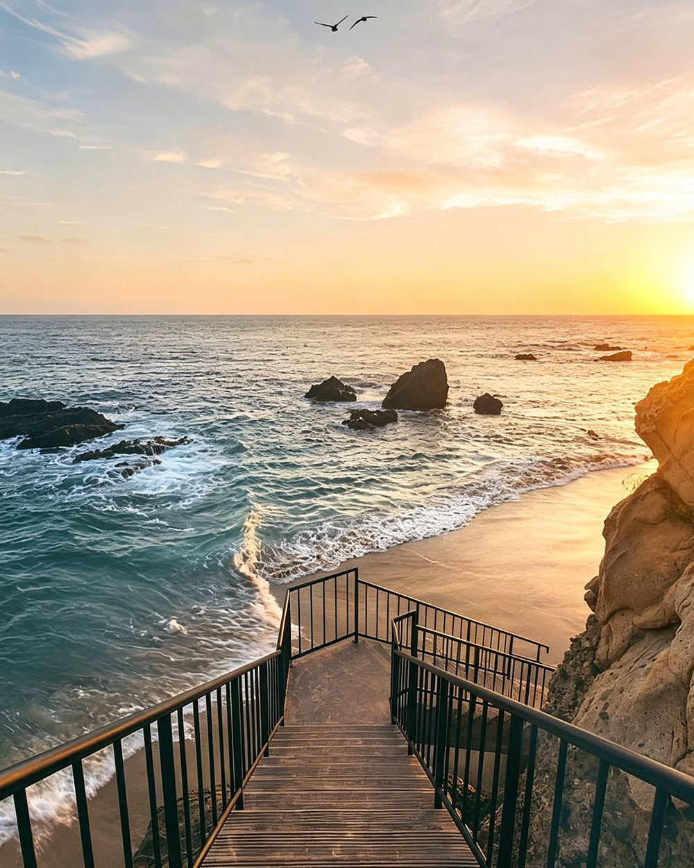 Wooden steps to the beach at sunset cross stitch kit for beginners