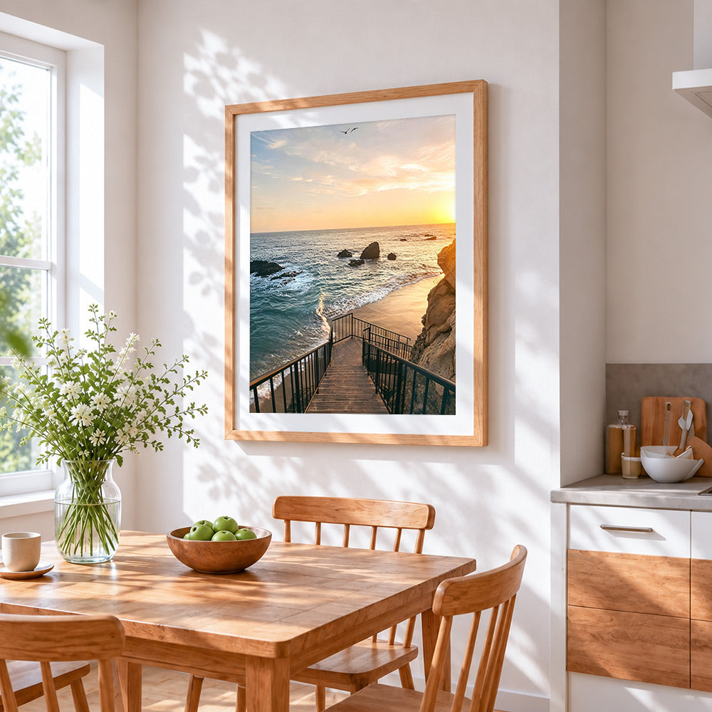 Wooden steps to the beach at sunset cross stitch artwork displayed on wall as home decor