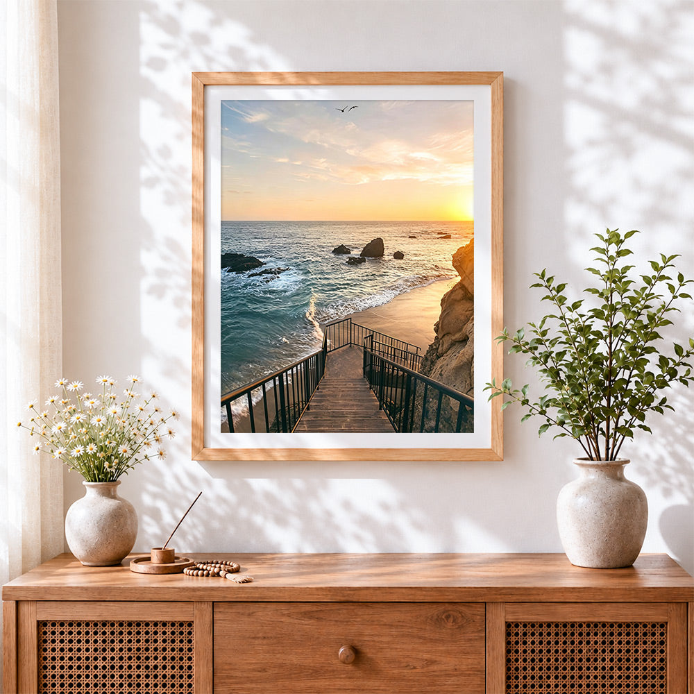 Finished wooden steps to the beach at sunset paint by numbers artwork displayed as home decor