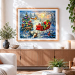 Finished woodland animals and sleigh full of presents cross stitch artwork displayed