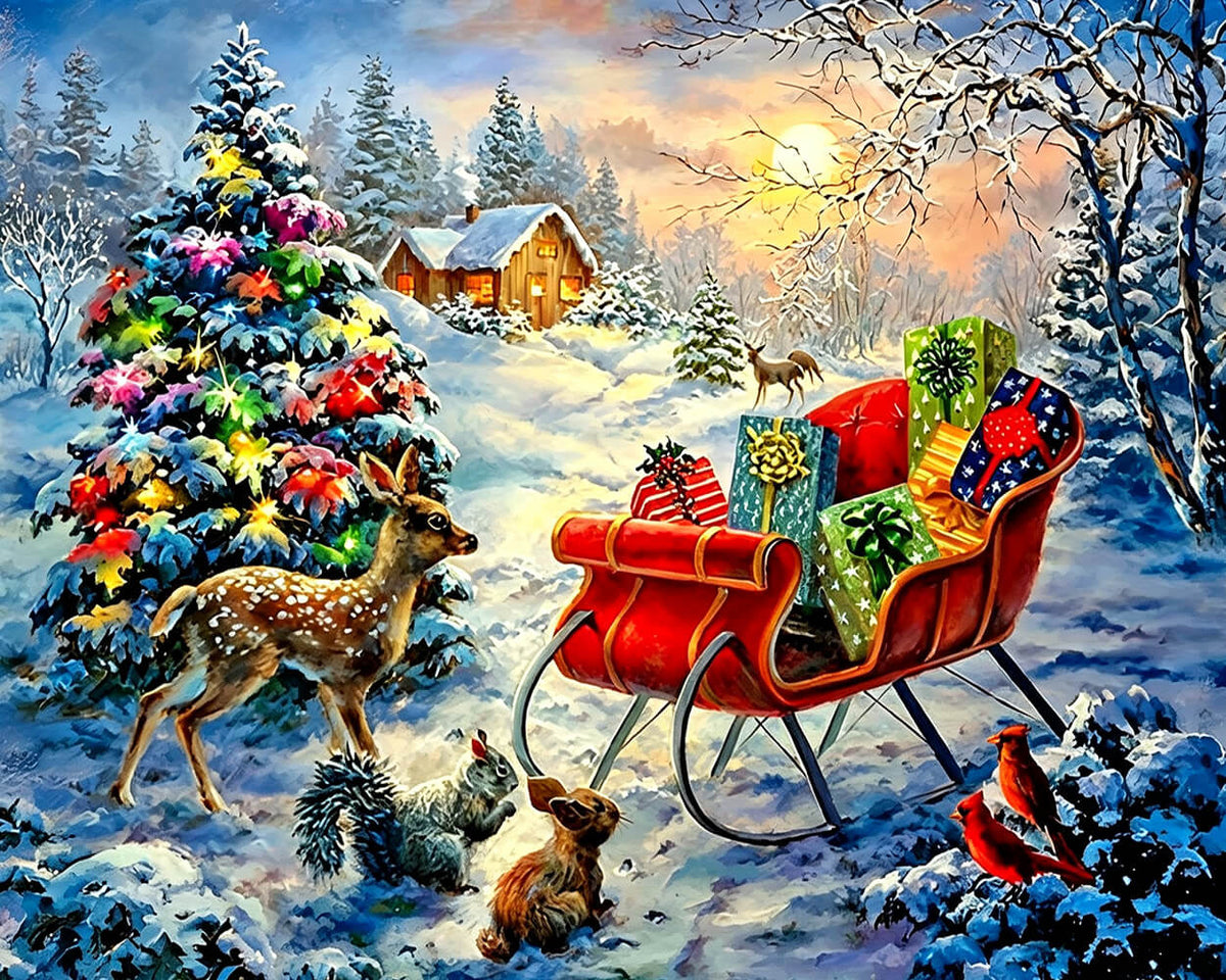 Woodland animals and sleigh full of presents cross stitch kit for beginners