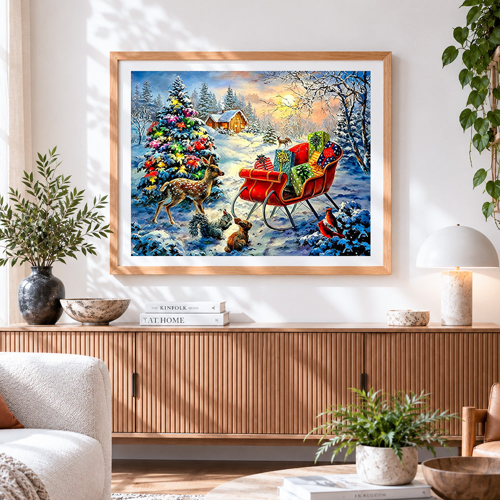 Finished woodland animals and sleigh full of presents paint by numbers artwork displayed as home decor