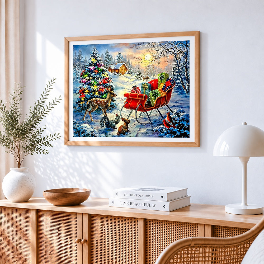Woodland animals and sleigh full of presents paint by numbers artwork displayed on wall as home decor