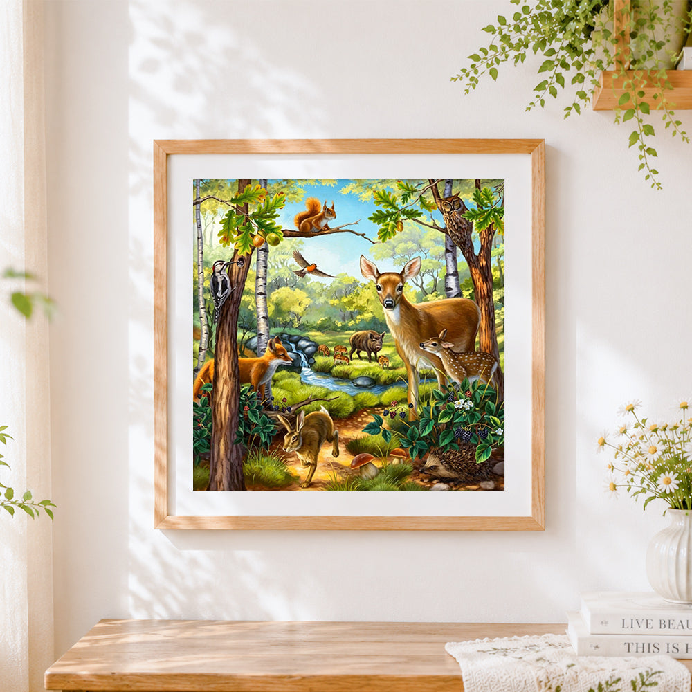 Finished woodland animals collection cross stitch artwork displayed