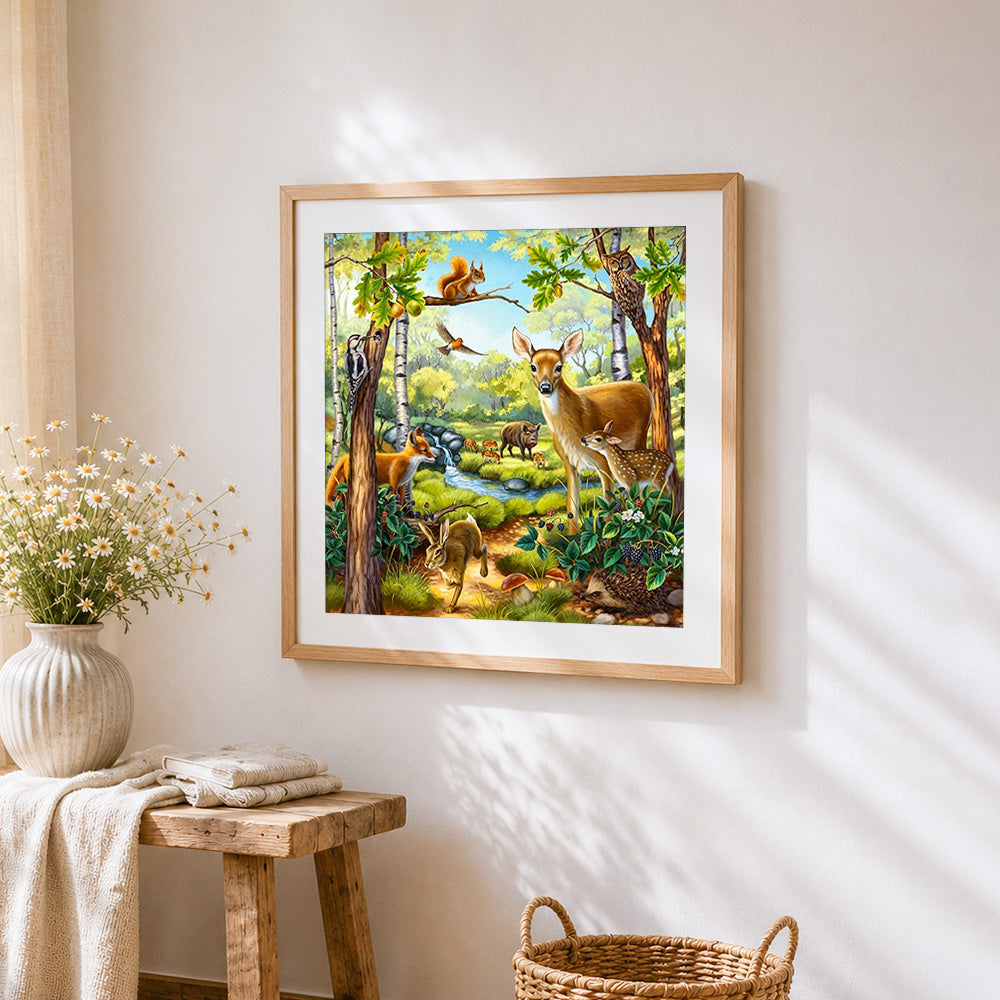 Woodland animals collection cross stitch artwork displayed on wall as home decor