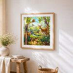 Woodland animals collection cross stitch artwork displayed on wall as home decor