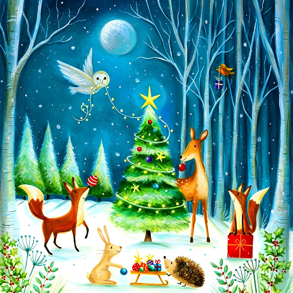 Woodland animals decorating the christmas tree cross stitch kit for beginners